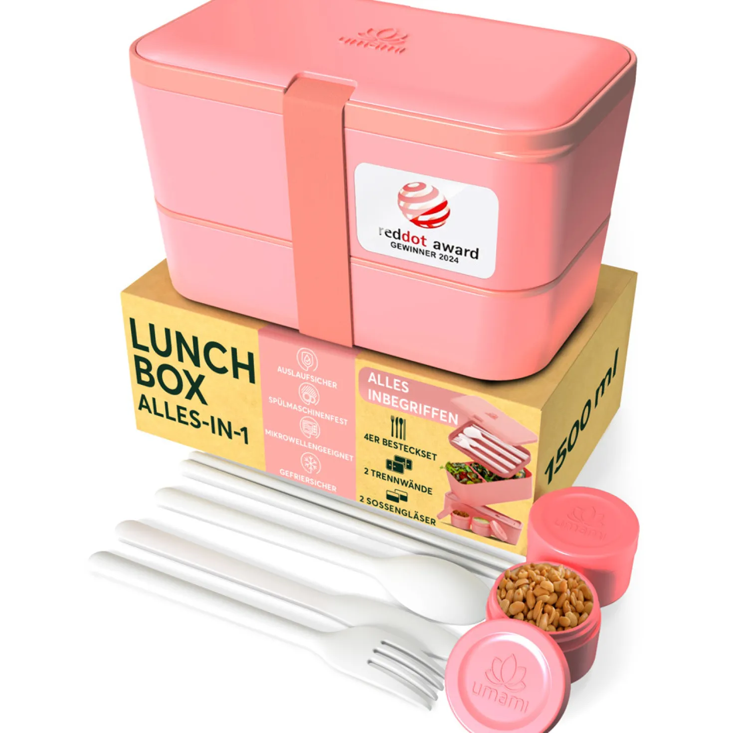 Bento encastrable 2 pots et couverts 1.5L rose - Umami