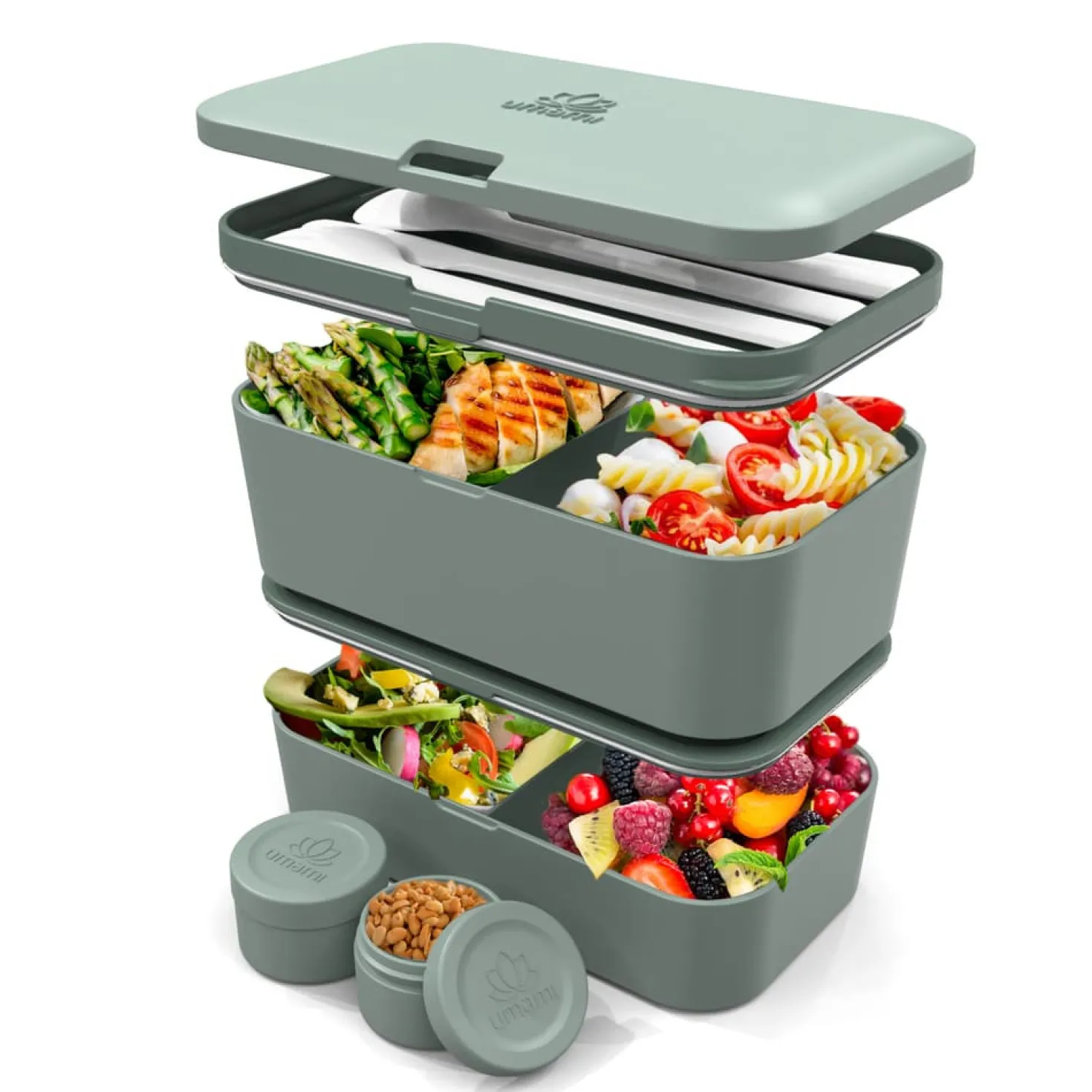 Bento encastrable 2 pots et couverts 1.5L vert - Umami