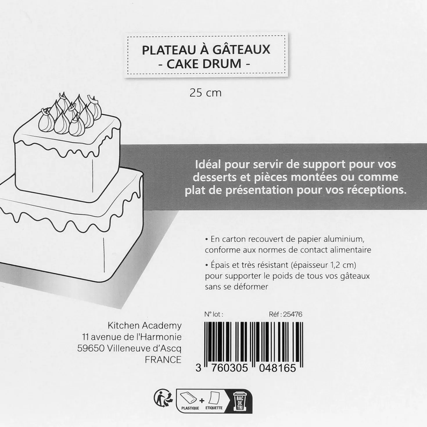 Cake drum : base épaisse pour gâteau carrée argentée 25 cm