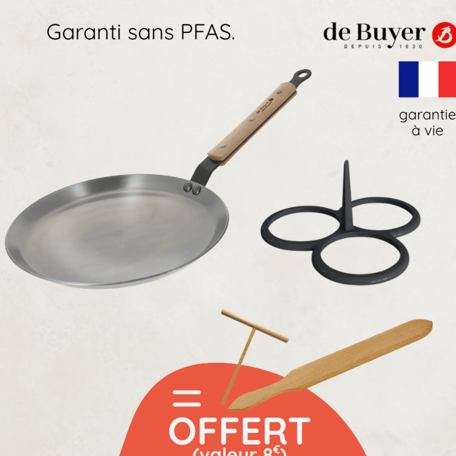 Crêpière acier 24 cm et moule pancakes + accessoires offerts