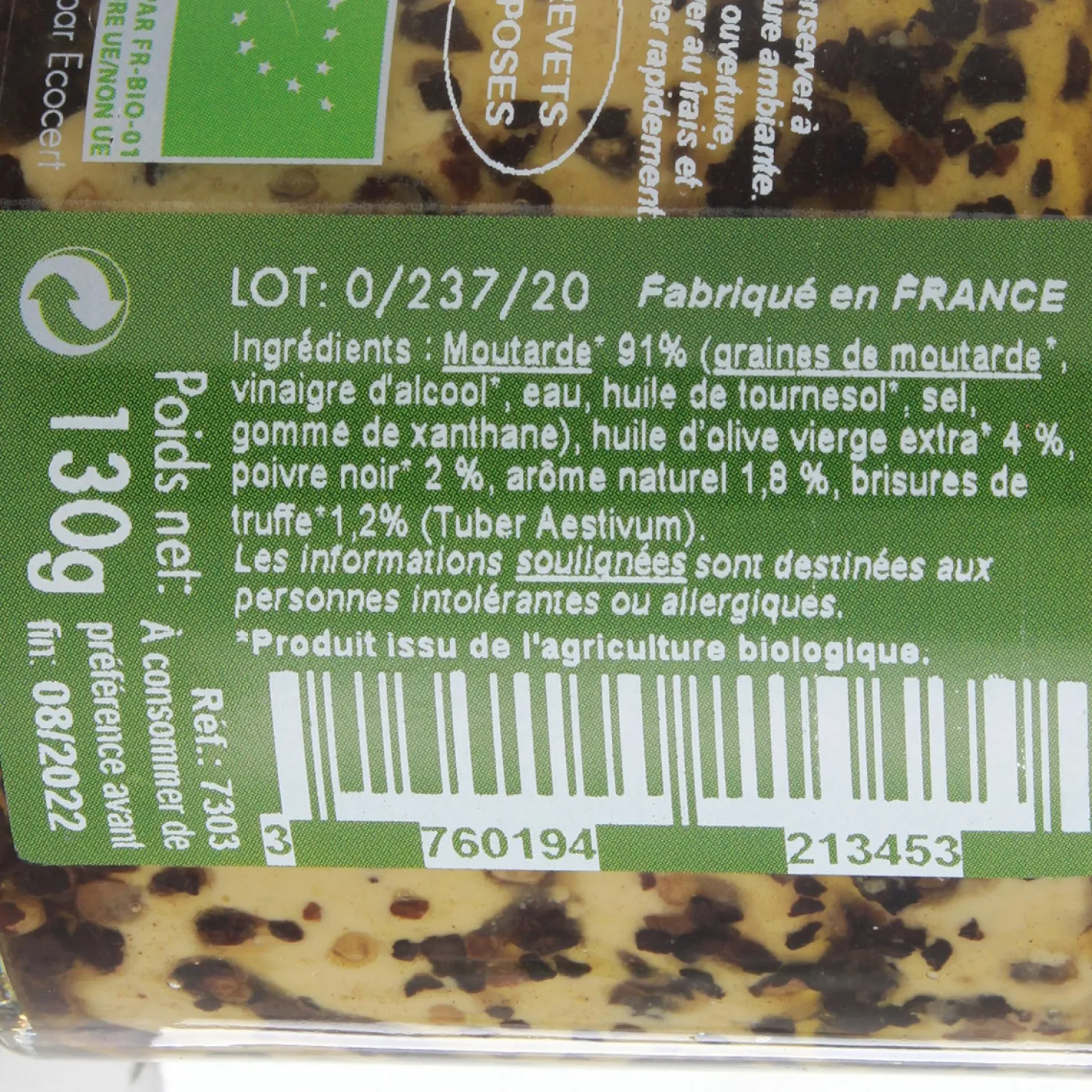 Moutarde Bio brisures de Truffe noire 130 gr - Savor et Sens