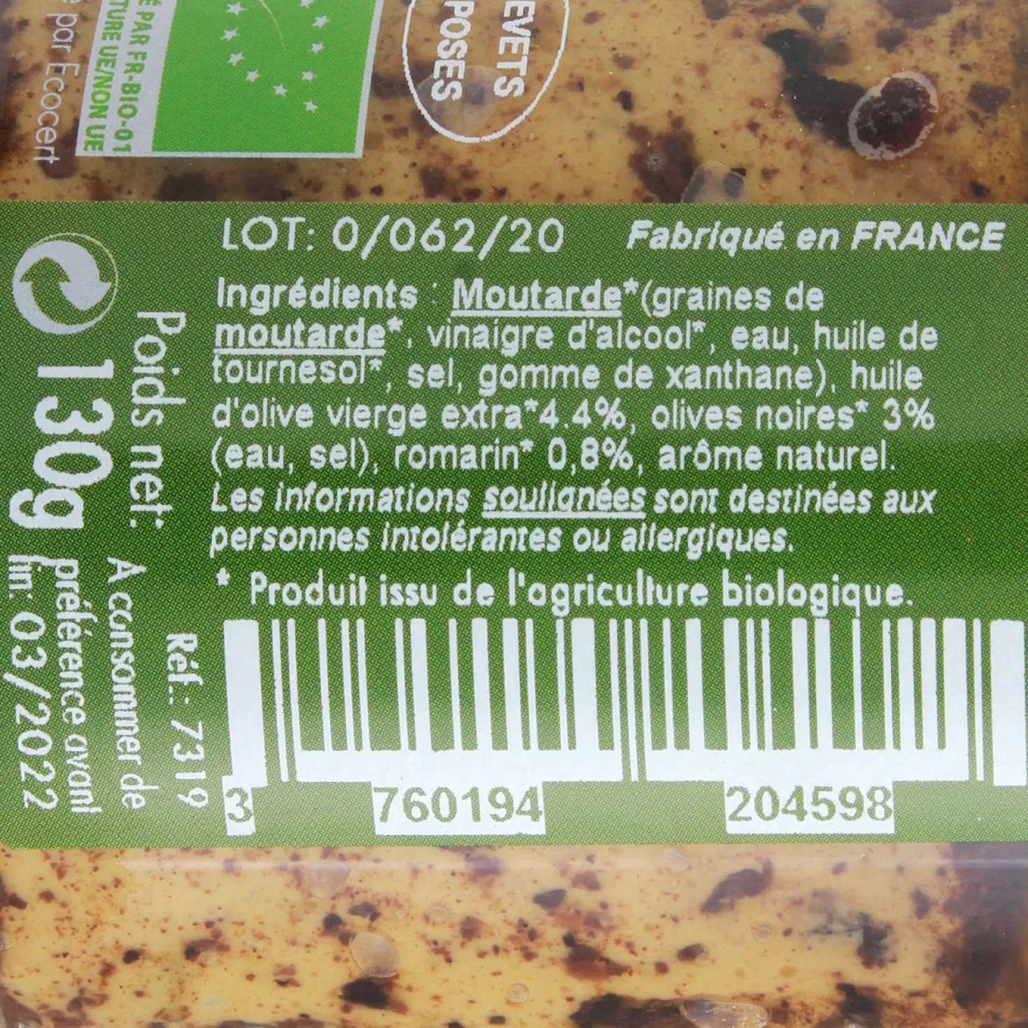 Moutarde Bio Olives noires romarin 130 gr - Savor et Sens