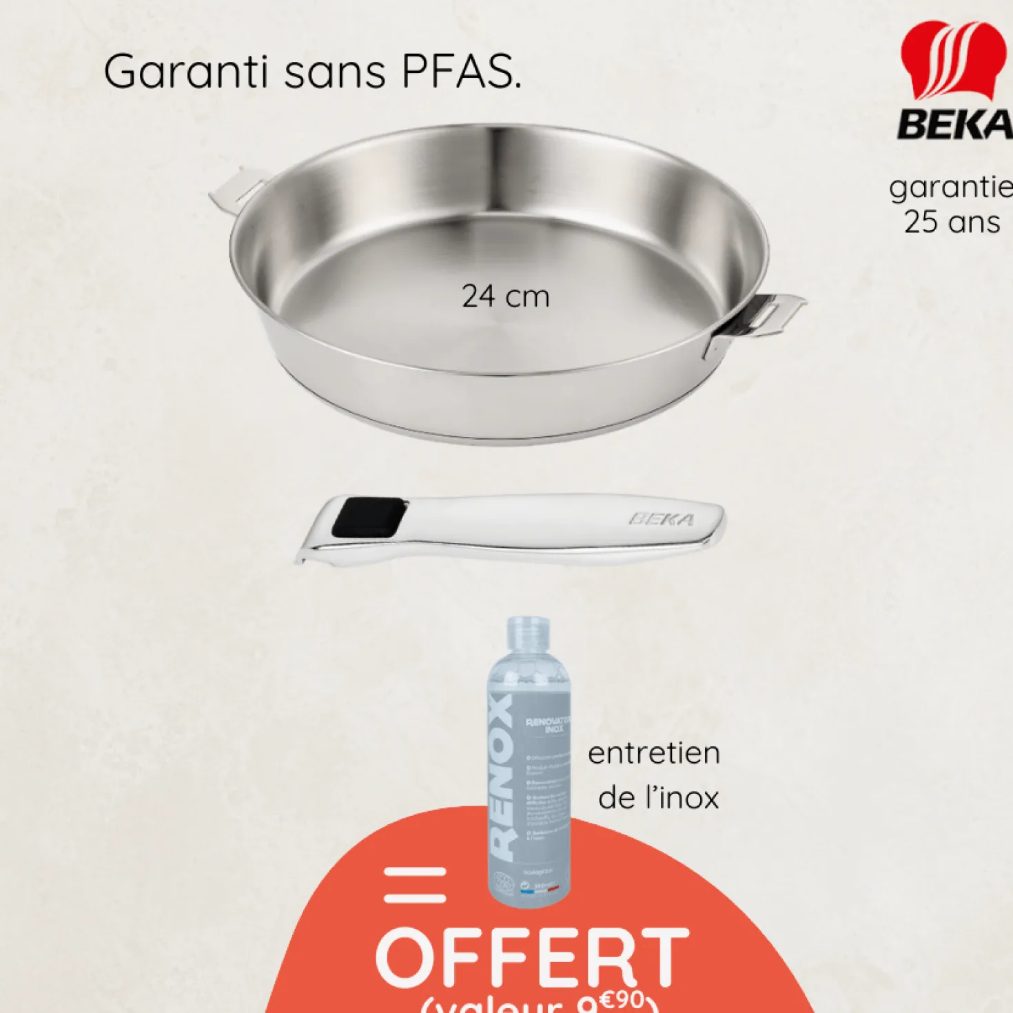Poêle inox 24 cm avec poignée + produit d'entretien offert