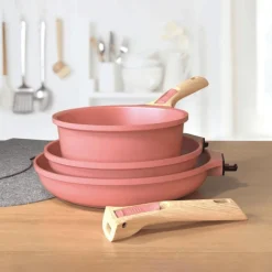 Trio poêles et casserole amovibles rose guimauve - Cookut